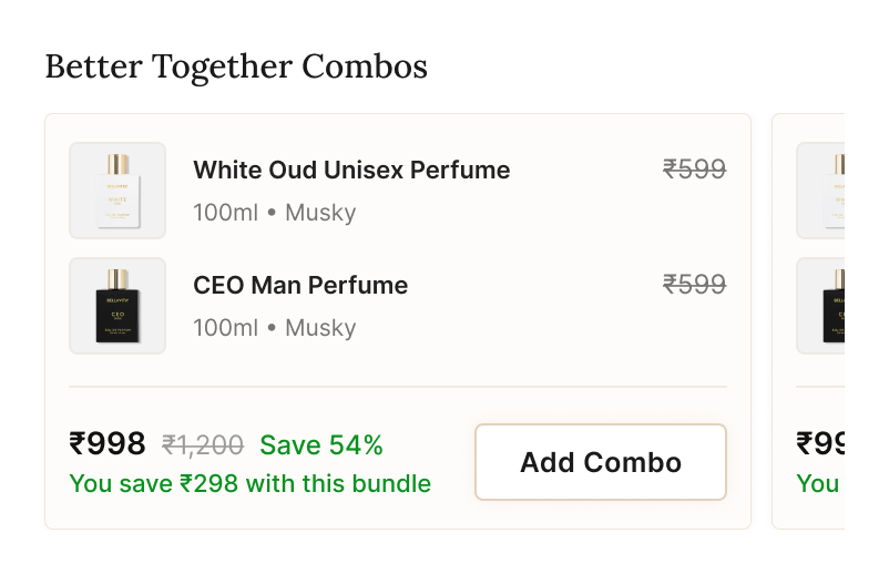 Better Together Combos section pairing White Oud Unisex Perfume with CEO Man Perfume, both marked Musky, at ₹998 instead of ₹1,200 with a 54 percent saving and an Add Combo button.