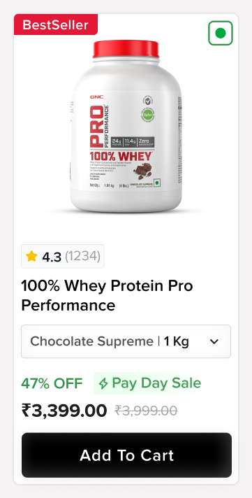 Listing product card for 100% Whey Protein Pro Performance, with a BestSeller badge, rating, an inline variant dropdown for flavour and weight, a discount tag and an Add To Cart button.