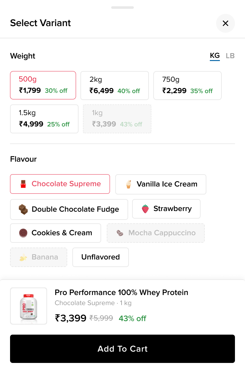 Select Variant sheet showing weight tiles with prices and discounts, a KG/LB toggle, flavour chips with unavailable options greyed out, and a sticky summary with Add To Cart.